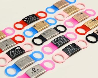 Slide-On Flexible Band Pet Collar Tag with Name or ID, Custom Silicone Silent Tag, Laser Engraved Metal Tag for Dogs & Cats, Unique Gift