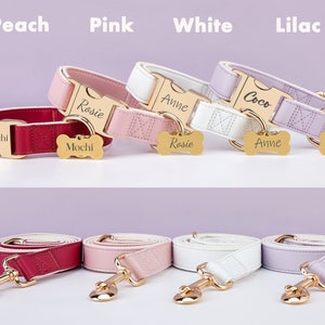 Waterproof PU Leather Dog Collar & Lead,Solid Dog Collar Leash Set RedPinkLilac,Engraved Metal BuckleFree Pet Name Tag,Wedding Puppy Gift image 4