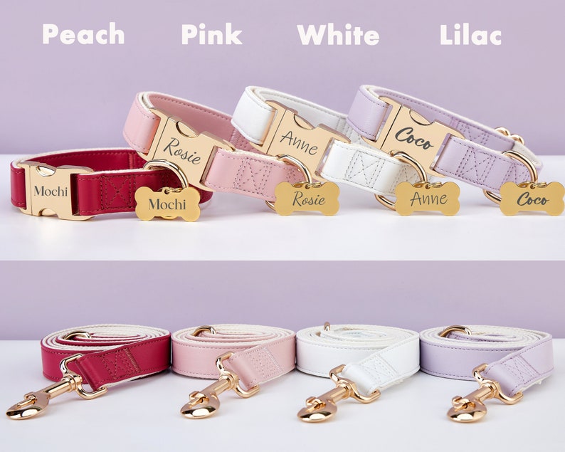 Waterproof PU Leather Dog Collar & Lead,Solid Dog Collar Leash Set RedPinkLilac,Engraved Metal BuckleFree Pet Name Tag,Wedding Puppy Gift image 4