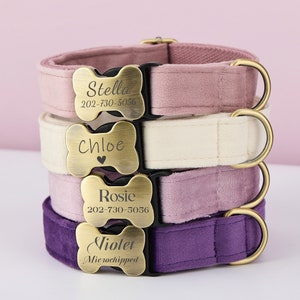 Multi-Colour Velvet Personalize Dog Collar Leash Bow Set,PurpleVioletLilac,Engraved Pet Name Bone Shape Silent Buckle,Wedding Puppy Gift image 2