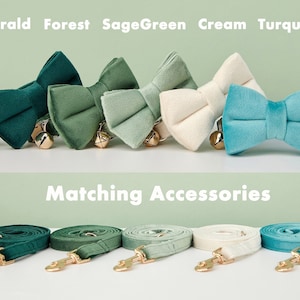 K&ouml;nnte beinhalten: F&uuml;nf Samt-Fliegen in verschiedenen Farben: Smaragdgr&uuml;n, Waldgr&uuml;n, Salbeigr&uuml;n, Creme und T&uuml;rkis. Passende Leinen in den gleichen Farben sind unter den Fliegen dargestellt. Der Text "Matching Accessories" ist in wei&szlig;en Buchstaben auf gr&uuml;nem Hintergrund geschrieben.