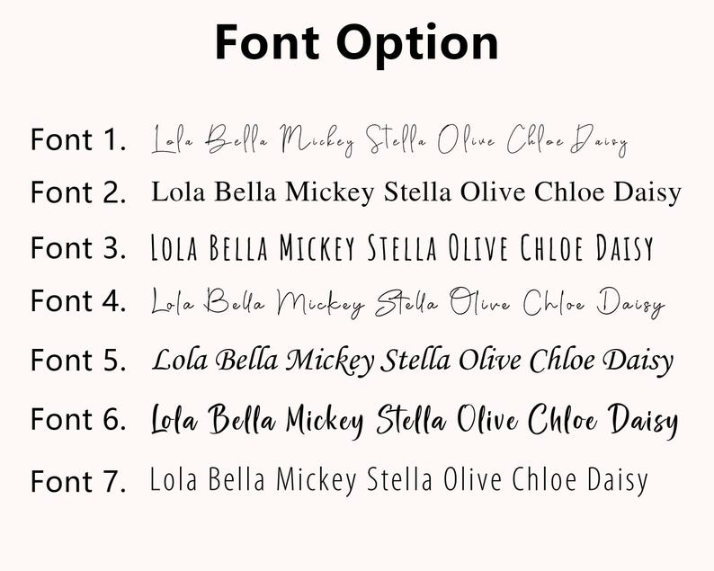 Op de afbeelding: Afbeelding met zeven lettertype-opties. Elke optie is genummerd en toont de namen Lola Bella Mickey Stella Olive Chloe Daisy. De tekst "Font Option" staat bovenaan.