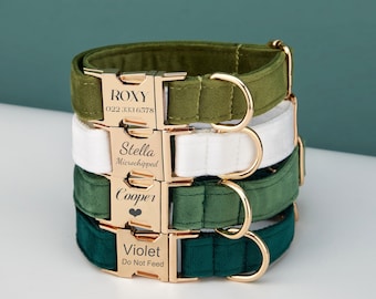 Meerdere kleuren fluweel personaliseer hondenhalsband riem set met strik, groen + bos + groenblauw, gegraveerd huisdierplaat metalen gesp, bruiloft puppy cadeau