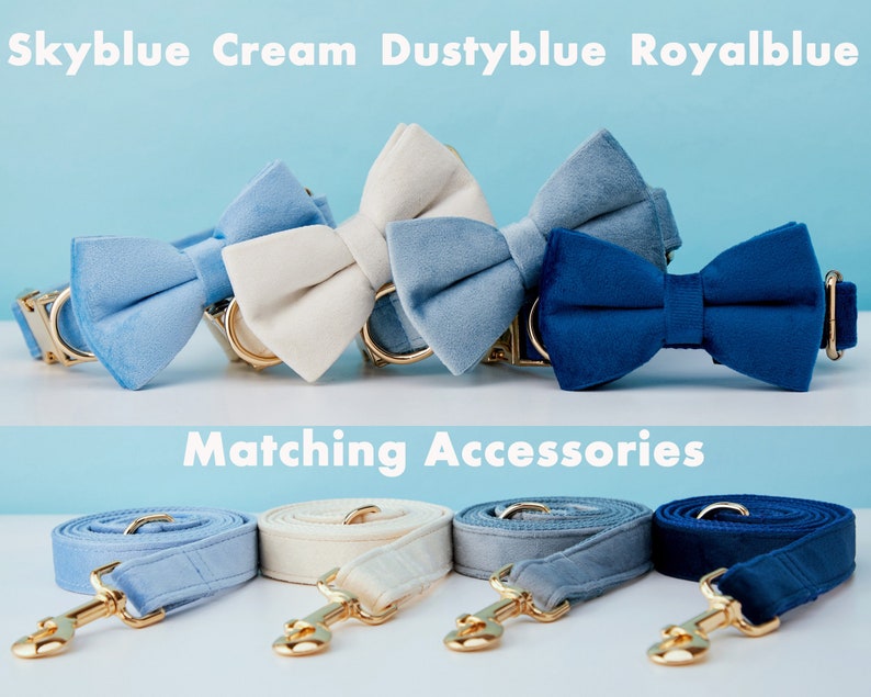 Multiple Colour Velvet Personalise Dog Collar Leash Set with Bow,BlueNavyWhite,Engraved Pet Name Plate Metal Buckle,Wedding Puppy Gift zdjęcie 4