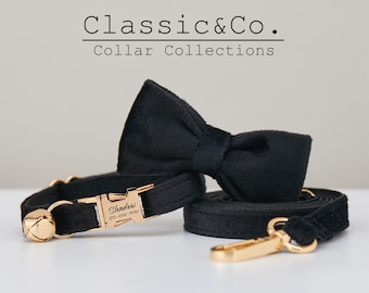 Black Velvet Personalized Cat & Small Dog Collar Bow Tie Leash Set,Free Engraved Kitten Puppy Name Tag,Gold Bell,Pet Birthday Gift