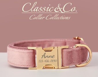 Collar de perro personalizado correa de pajarita, Collar de terciopelo rosa polvoriento con hebilla de Metal de nombre grabado, regalo de cachorro de boda, envío gratis