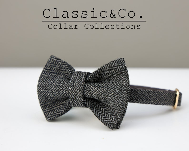 Grey Tweed Fabric Cat Collar Bow Tie Set,Side Open Gold Buckle Custom Engraved Name Tag,Dark Grey Kitten Collar for Male,Small Dog Gift zdjęcie 3