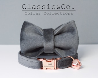 DarkGrey Velvet Personnalisé Chat Collier Noeud Papillon Laisse Ensemble, Personnalisé Gravé Chaton Chiot Nom Tag avec Numéro de Téléphone, Cloche Dorée, Gris Garçon Chien Cadeau