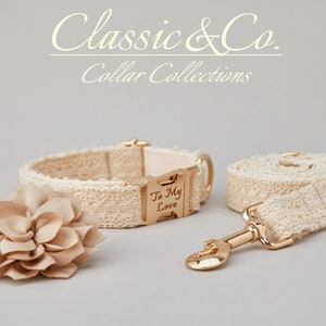 May include: A white lace dog collar and leash set with a gold buckle and clasp. The collar has a gold plate with the text "To My Love" engraved on it.