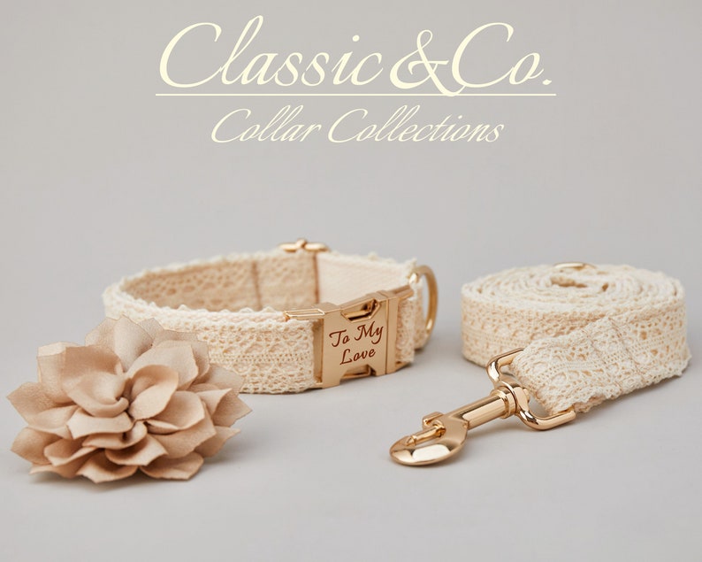 May include: A white lace dog collar and leash set with a gold buckle and clasp. The collar has a gold plate with the text "To My Love" engraved on it.