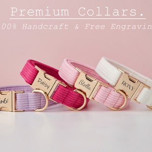 Multiple Colour Corduroy Personalise Dog Collar Leash Set with Bow,PinkWhiteLilac,Engraved Pet Name Plate Metal Buckle,Wedding Puppy Gift image 3