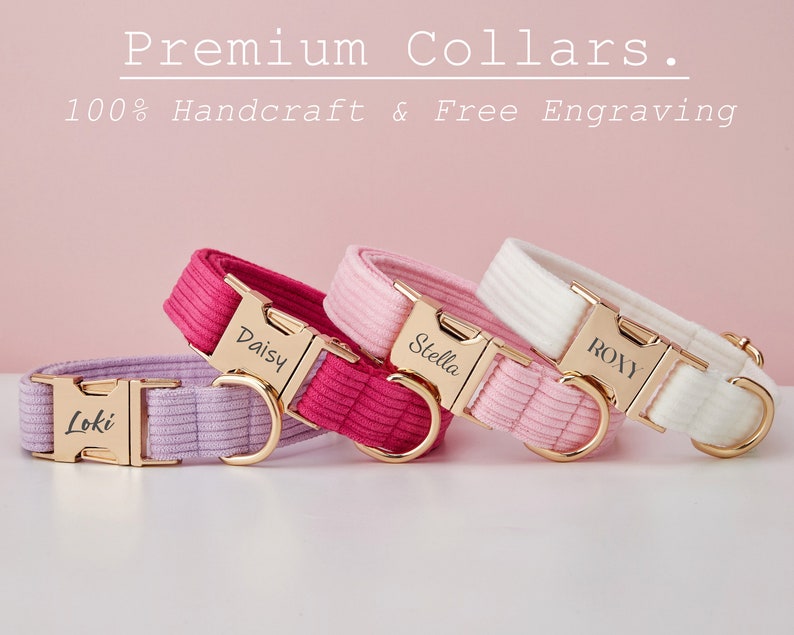 Multiple Colour Corduroy Personalise Dog Collar Leash Set with Bow,PinkWhiteLilac,Engraved Pet Name Plate Metal Buckle,Wedding Puppy Gift image 3