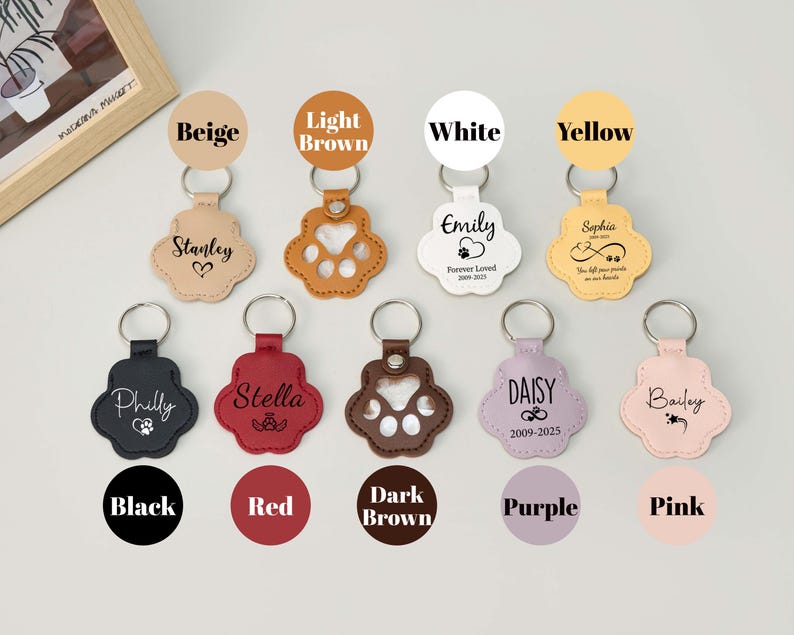 May include: A collection of personalized pet paw-shaped keychains in various colors, including beige, light brown, white, and yellow. Each keychain features a name and design, with a metal keyring attached. The image also shows keychains in black, red, dark brown, purple, and pink.