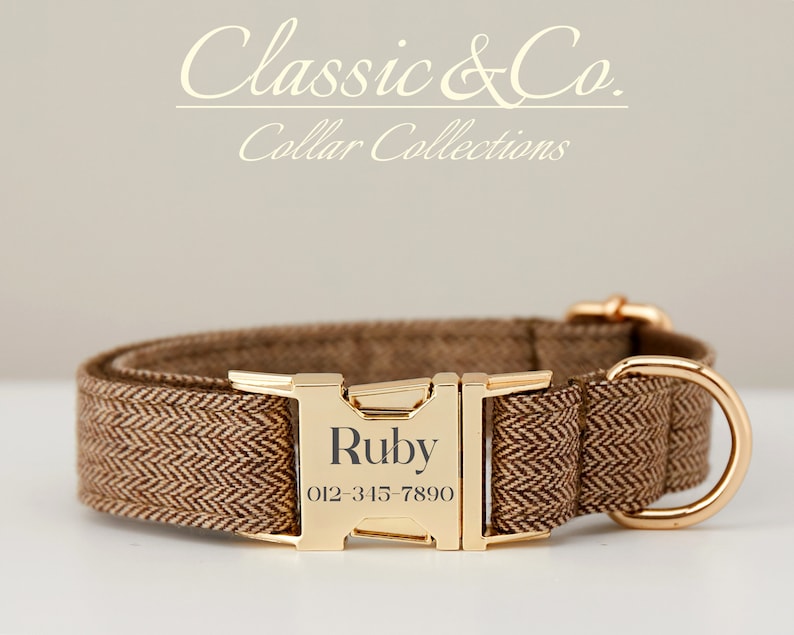 Brown Tweed Personalized Dog Collar Bow Tie Leash Setcustom Etsy