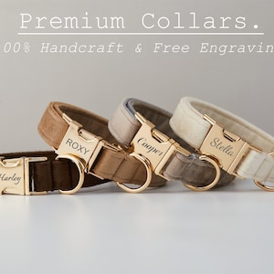K&ouml;nnte beinhalten: Vier personalisierte Hundehalsb&auml;nder in verschiedenen Braun- und Beiget&ouml;nen. Jedes Halsband hat eine goldfarbene Schnalle mit dem Namen des Hundes: Harley, Roxy, Cooper und Stella. Der Text "Premium Collars" steht oben.
