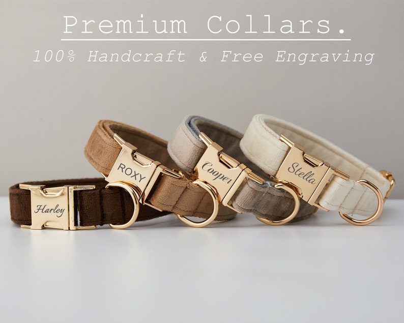 K&ouml;nnte beinhalten: Vier personalisierte Hundehalsb&auml;nder in verschiedenen Braun- und Beiget&ouml;nen. Jedes Halsband hat eine goldfarbene Schnalle mit dem Namen des Hundes: Harley, Roxy, Cooper und Stella. Der Text "Premium Collars" steht oben.