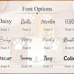 May include: A chart titled Font Options displaying twelve distinct black font styles labeled Font 1 through Font 12. Each font is demonstrated using a name such as Daisy, Bella, Merlin, Echo, Bailey, Vinny, Lucky, Busta, Oscar, Sammy, Zoey, and Colin.