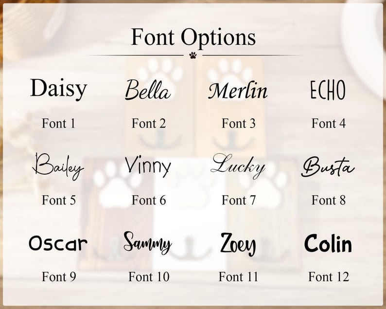 May include: A chart titled Font Options displaying twelve distinct black font styles labeled Font 1 through Font 12. Each font is demonstrated using a name such as Daisy, Bella, Merlin, Echo, Bailey, Vinny, Lucky, Busta, Oscar, Sammy, Zoey, and Colin.