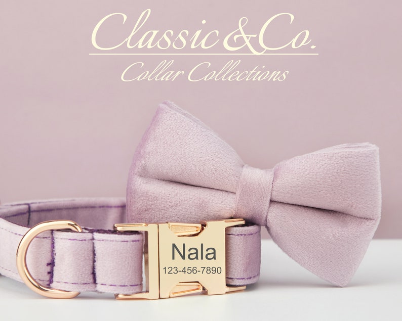 Lavender Velvet Personalized Dog Collar Bow Tie Leash Set,Custom Engraved Pet Name Metal Buckle,Lilac Birthday Puppy Gift,FREE Shipping image 3
