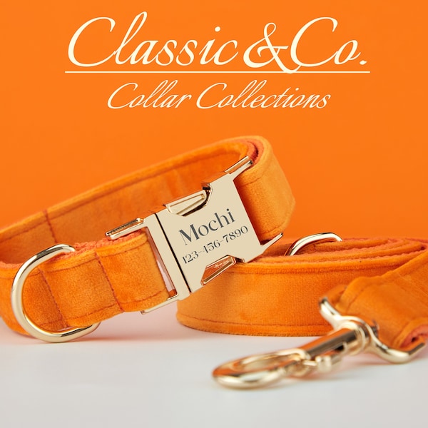 Orange Velvet Personalized Dog Collar Bow Tie Leash Set,Custom Engraved Pet Name Metal Buckle,Luxury Birthday Puppy Gift,FREE Shipping