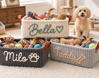 Personalized Dog Toy Basket, Custom Pet Toy Storage Basket with Name, Corduroy Dog Organizer, New Puppy Gift, Dog Mom Gift