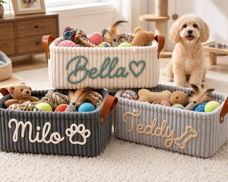 May include: Three rectangular storage baskets made of ribbed fabric with brown leather handles. The cream basket features the name Bella and a heart. The dark gray basket displays the name Milo and a paw print. The light gray basket shows the name Teddy and a bone.