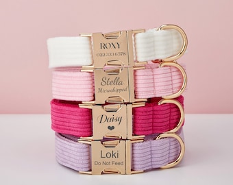 Meerdere kleuren Corduroy personaliseer hondenhalsband riem set met strik, roze + wit + lila, gegraveerd huisdier naamplaat metalen gesp, bruiloft puppy cadeau