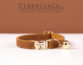 Custom Silent Cat/Pet Collar, Genuine Leather Solid Kitten Collar Personalized, Engraved Metal Buckle+Free Name Tag, Gift for Pet Lovers