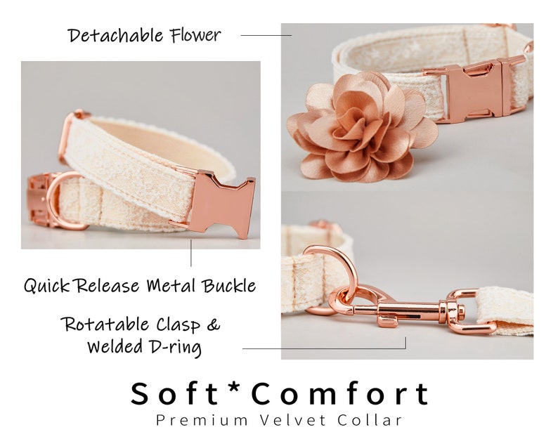 May include: A soft, white velvet dog collar with a rose gold metal buckle, D-ring, and detachable flower. The collar features the text "Soft Comfort Premium Velvet Collar".
