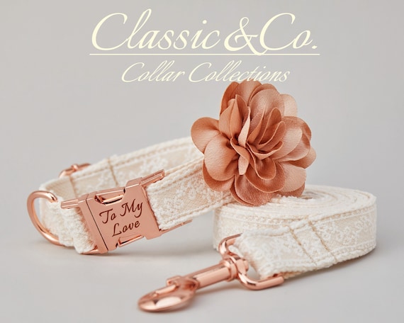 White Ivory Lace Wedding Dog Collar & Leash Set,Detachable Flower for Dog Bridesmaid,Bridal Dog Ring Bearer,Rose Gold Personalize Name Tag