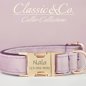 Personalized Dog Collar With Engraved Pet Name Metal Buckle,Lavender Velvet Dog Collar and Leash Set with Bell And Bow,FREE Shipping