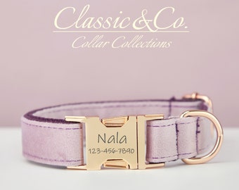 Personalized Dog Collar With Engraved Pet Name Metal Buckle,Lavender Velvet Dog Collar and Leash Set with Bell And Bow,FREE Shipping