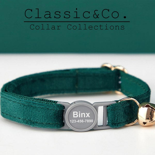Breakaway Emerald Green Velvet Personalized Cat Collar Bow Tie Leash Set,Custom Engraved Kitten Name Safety Buckle,Gold Bell,Girl Pet Gift
