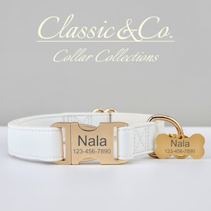 White Waterproof PU Leather Dog Collar & Lead,Solid Dog Collar Leash Set,Engraved Metal Buckle Plate + Free Pet Name Tag,Wedding Puppy Gift