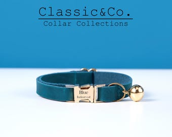 Custom Genuine Cowhide Leather Silent Cat Collar,Personalized Solid Kitten Collar with Engraved Metal Buckle+Free ID Tag,Gift for Pet Lovers