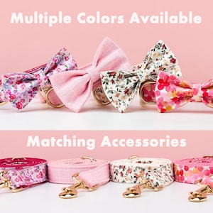 May include: A collection of dog collars and leashes in various floral patterns and solid colors. The image shows bow ties and matching leashes with gold-colored hardware. The text "Multiple Colors Available" and "Matching Accessories" is displayed.