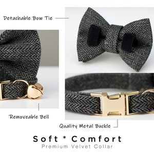 Grey Tweed Fabric Cat Collar Bow Tie Set,Side Open Gold Buckle Custom Engraved Name Tag,Dark Grey Kitten Collar for Male,Small Dog Gift zdjęcie 5