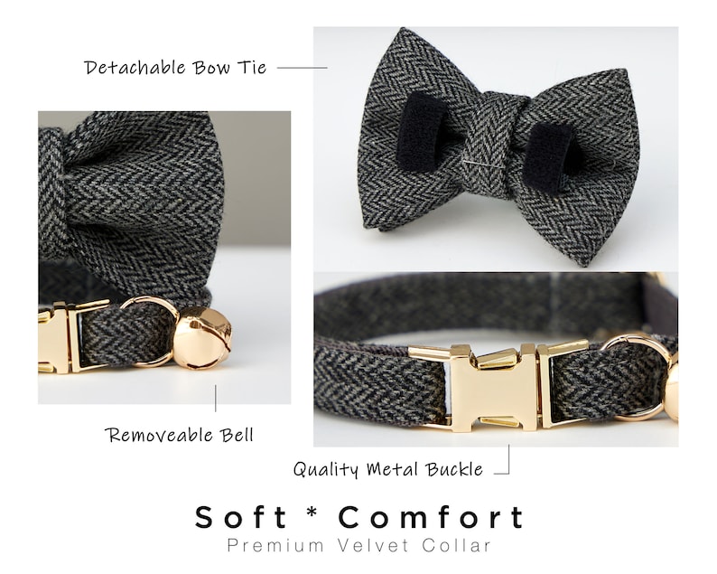 Grey Tweed Fabric Cat Collar Bow Tie Set,Side Open Gold Buckle Custom Engraved Name Tag,Dark Grey Kitten Collar for Male,Small Dog Gift zdjęcie 5