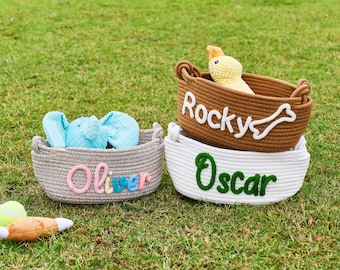 Custom Name Pet Toy Basket, Dog & Cat Toy Storage Bin, Personalized Rope Basket, New Pet Gift, Home Organization Box