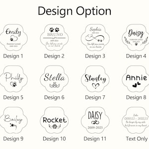 May include: A selection of pet memorial designs in a paw-shaped outline. Each design features a pet's name, dates, and decorative elements like hearts, paw prints, and angel wings. The text "Design Option" is at the top.