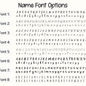 May include: A display of eight different font options for names, labeled Font 1 through Font 8. Each font shows the uppercase and lowercase letters of the alphabet. The text "Name Font Options" is at the top.