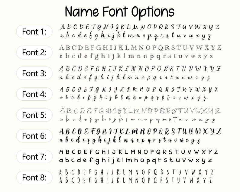 May include: A display of eight different font options for names, labeled Font 1 through Font 8. Each font shows the uppercase and lowercase letters of the alphabet. The text "Name Font Options" is at the top.