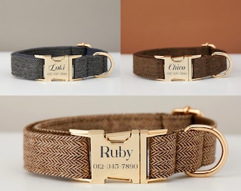 Collar y correa de tweed marrón para perro, personalizado, con nombre de mascota grabado, hebilla de metal, regalo de cumpleaños lila para cachorro, envío gratis.