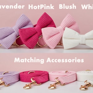 Multiple Colour Corduroy Personalise Dog Collar Leash Set with Bow,PinkWhiteLilac,Engraved Pet Name Plate Metal Buckle,Wedding Puppy Gift image 4