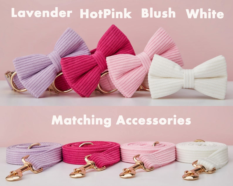 Multiple Colour Corduroy Personalise Dog Collar Leash Set with Bow,PinkWhiteLilac,Engraved Pet Name Plate Metal Buckle,Wedding Puppy Gift image 4