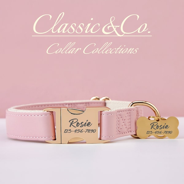 Pink Leather Dog Collar & Lead,Handmade Solid Dog Collar Leash Set,Engraved Metal Buckle Plate + Free Pet Name Tag,Wedding Puppy Gift