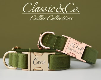 Juego de correa de Collar de perro personalizado de terciopelo verde militar con flor y pajarita para mascota masculina femenina, etiqueta de nombre grabada en oro, regalo de cachorro de boda