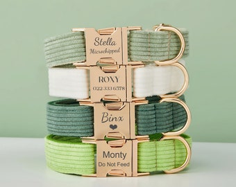 Meerdere kleuren Corduroy personaliseer hondenhalsband riem set met strik, groen + wit + bos, gegraveerde pet name metalen gesp, bruiloft puppy cadeau