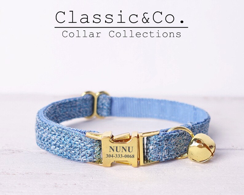 Blue Tweed Fabric Cat Collar Bow Tie Setside Open Gold Buckle Etsy