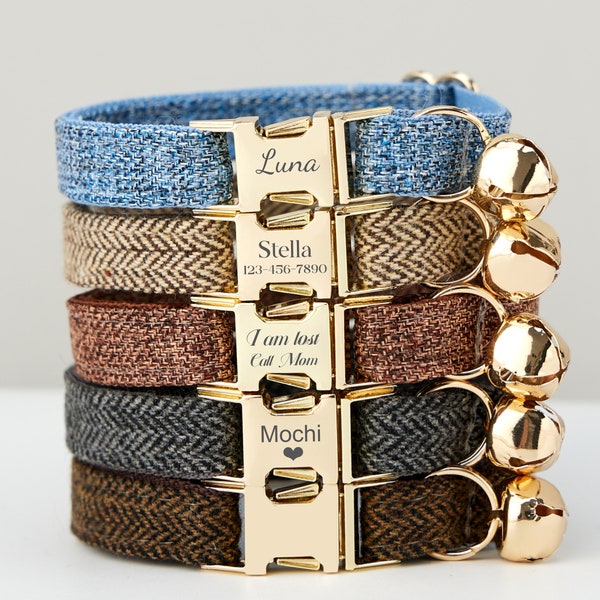 Tweed Stof Kat Kraag Vlinderdas Set Blauw + Bruin + Grijs, Gepersonaliseerde Gegraveerde Gouden Gesp Naamplaatje, Kitten Halsband voor Man Vrouw, Kleine Hond Cadeau